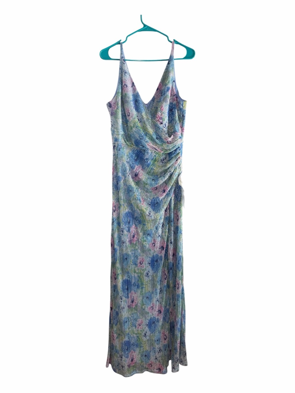 Floral V-Neck Evening Gown  in Blue and Green